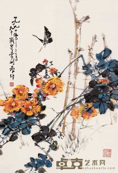 李剑晨 1990年作 花卉双蝶图 立轴 65×45cm